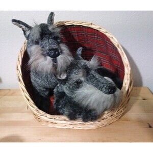 Vintage Prima Classique E&J Classic SCHNAUZER Dogs In Basket Stuffed Plush Toys